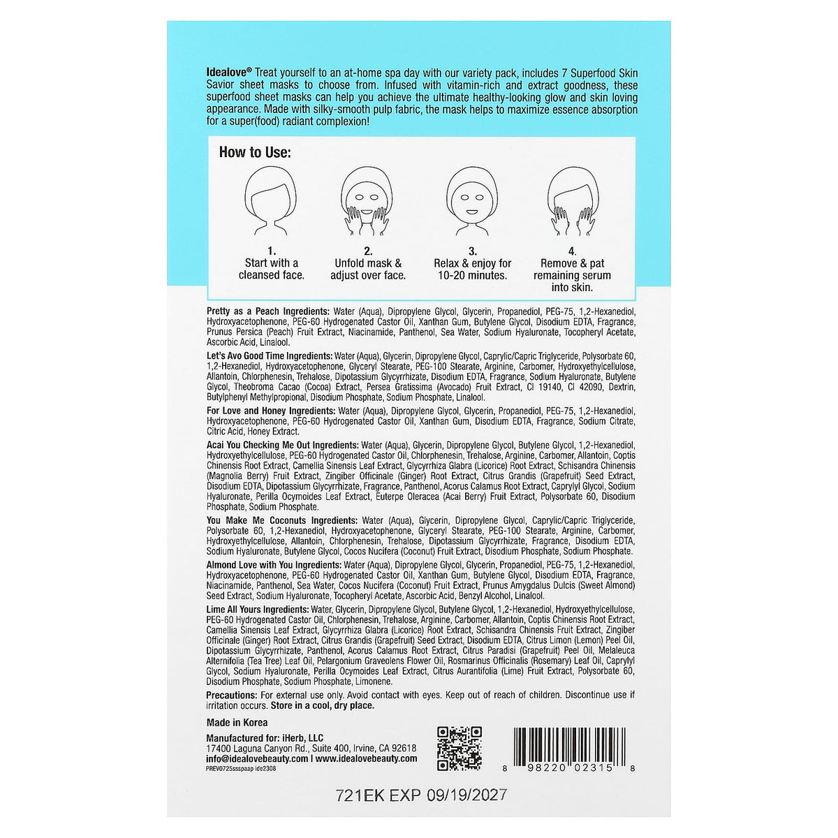 Idealove, Superfood Skin Savior Beauty Masks, Variety Pack, 7 Sheets, 0.68 fl oz (20 ml) Each