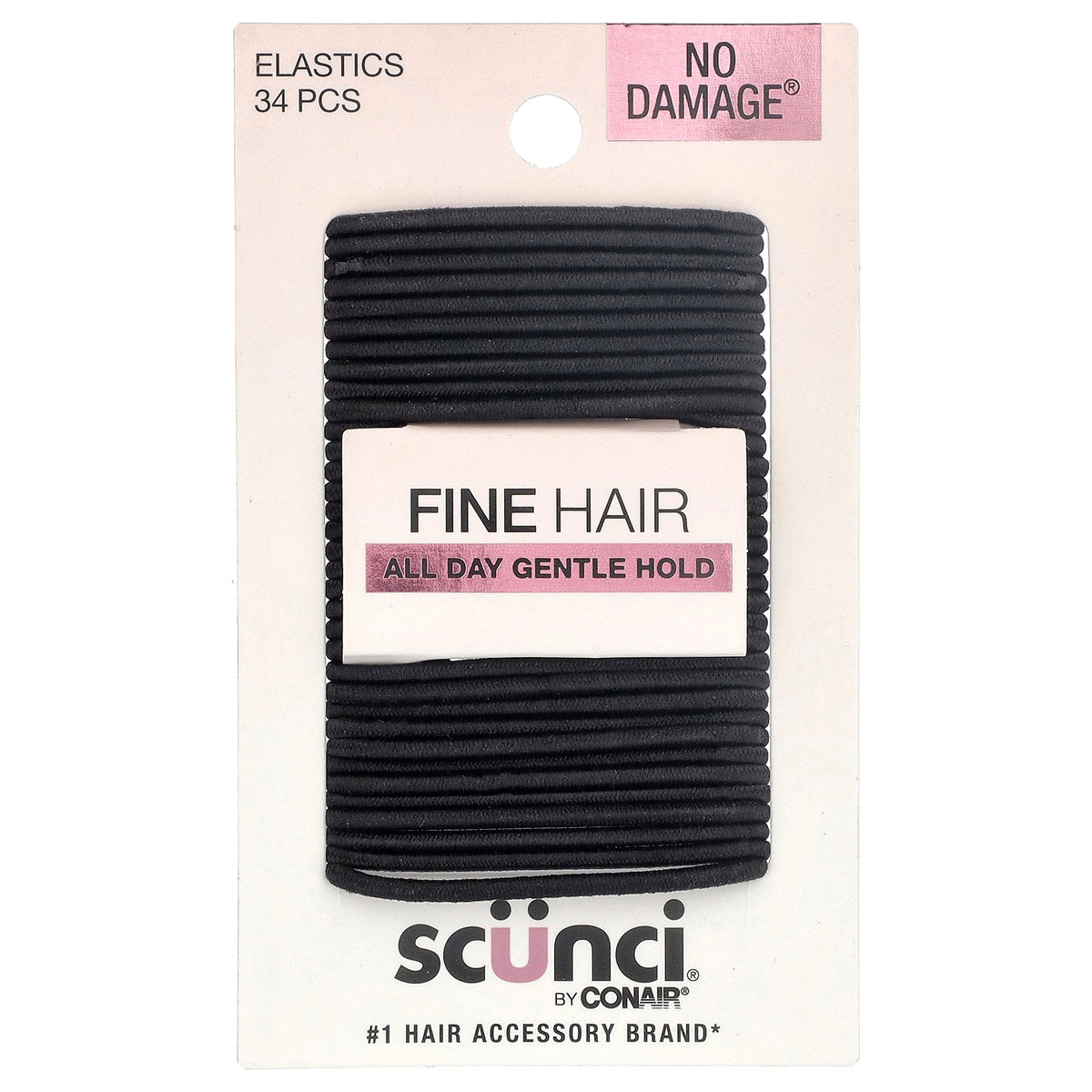 Scunci, No Damage® Elastics, Fine Hair, All Day Gentle Hold, Black, 34 Pieces