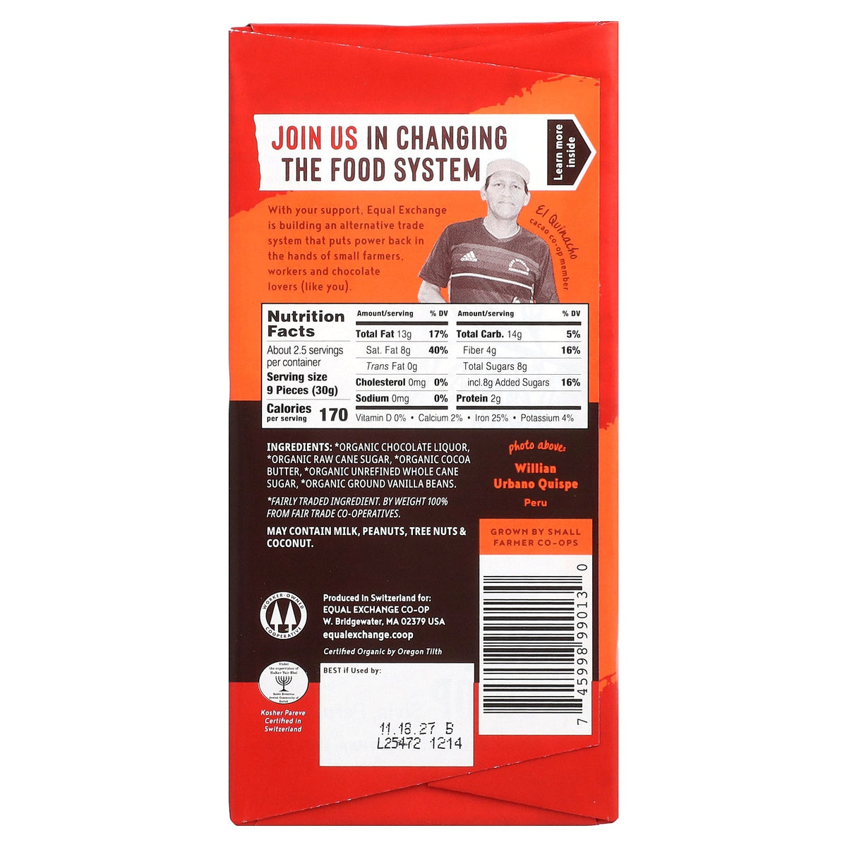 Equal Exchange, Organic Dark Chocolate, Very Dark, 71% Cacao, 2.8 oz (80 g)