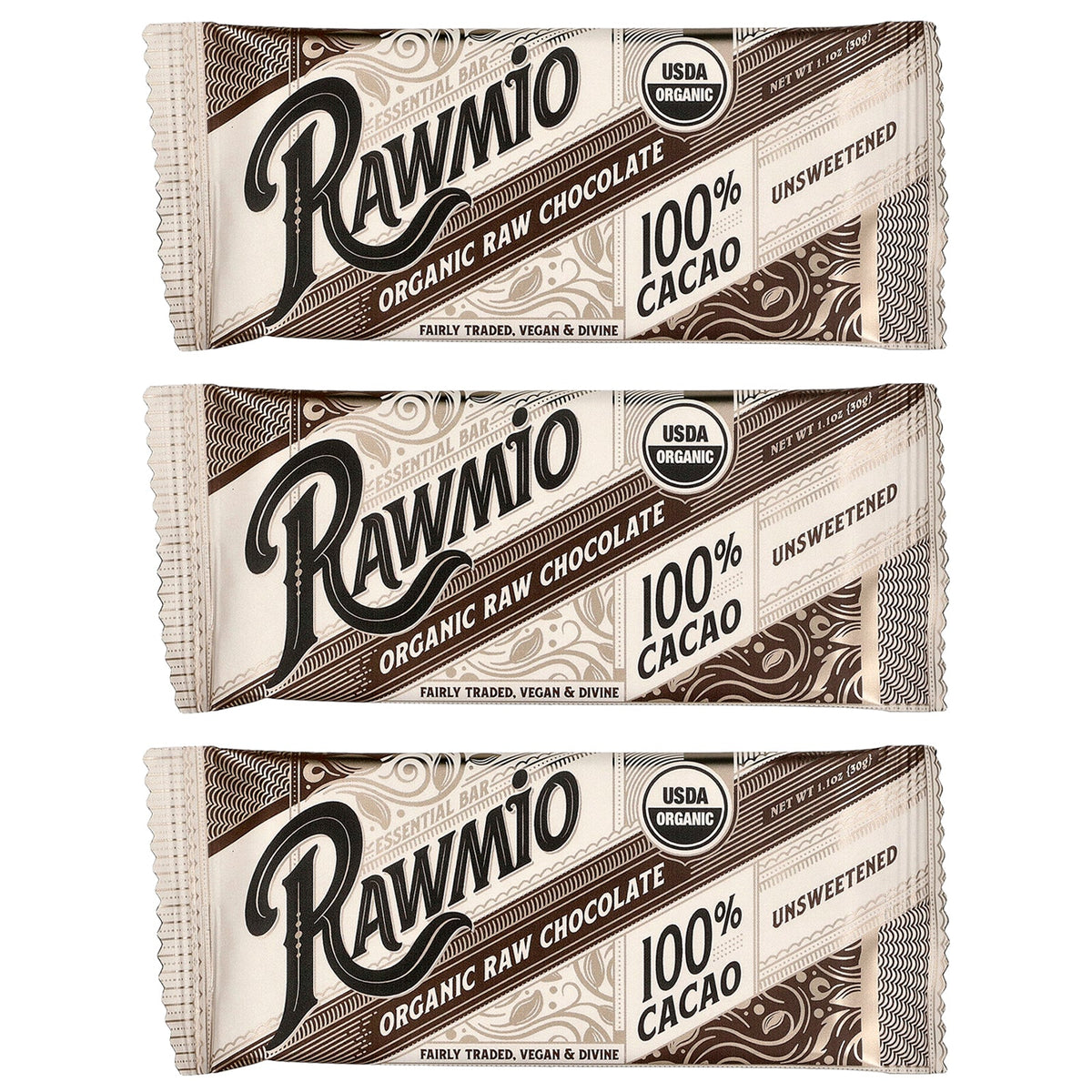 Rawmio, Organic Raw Chocolate Bar, Unsweetened, 100% Cacao, 3 Bars, 1.1 oz (30 g) Each