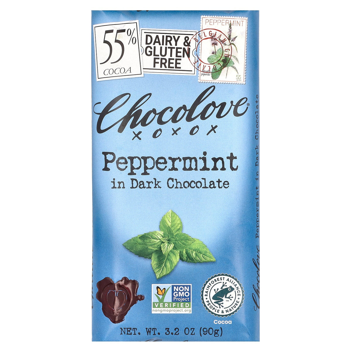Chocolove, Peppermint in Dark Chocolate, 55% Cocoa, 3.2 oz (90 g)