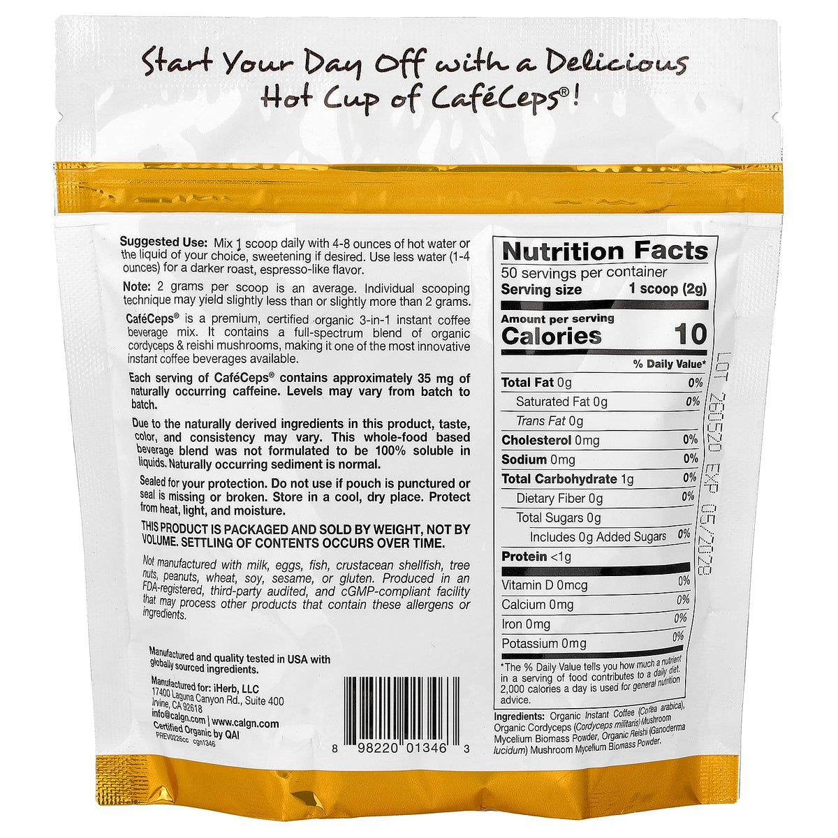 California Gold Nutrition, CafeCeps®, Certified Organic Instant Coffee with Full-Spectrum, Organic Cordyceps and Reishi Mushroom Powder, 3.5 oz (100 g)