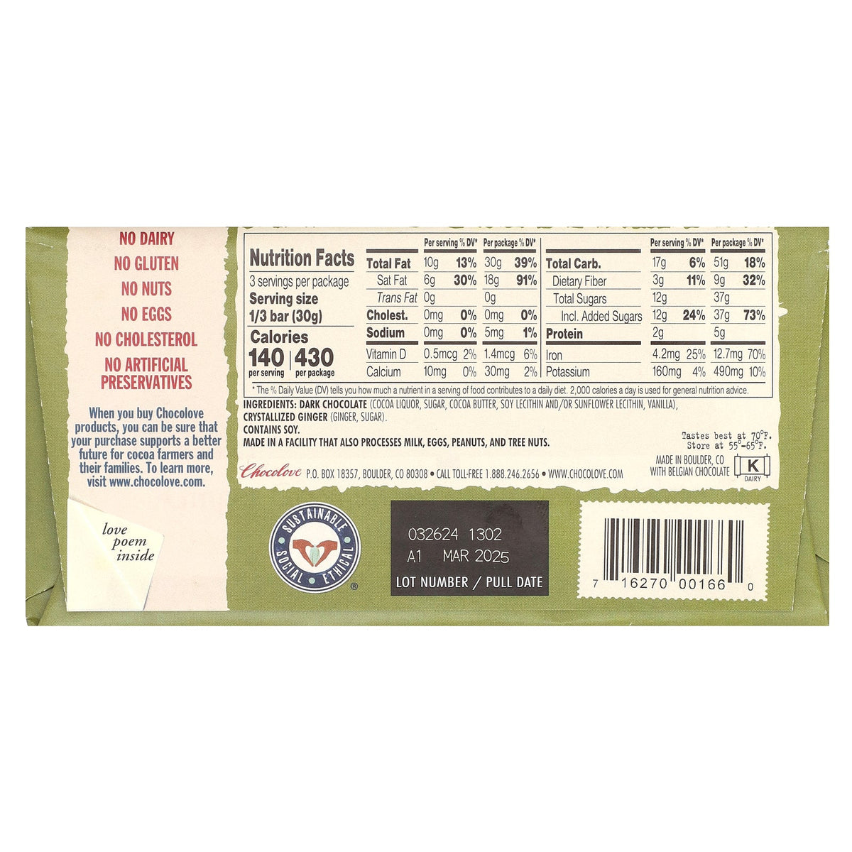 Chocolove, Ginger Crystallized in Dark Chocolate, 65% Cocoa, 3.2 oz (90 g)