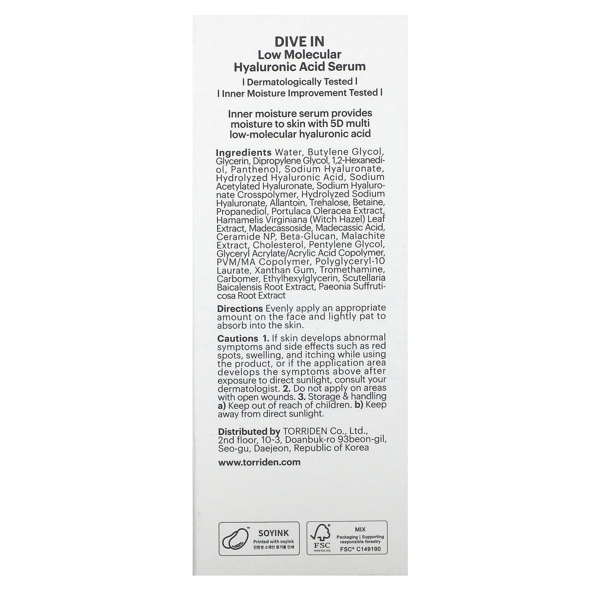 Torriden, Dive In, Low Molecular Hyaluronic Acid Serum, 1.69 fl oz (50 ml)