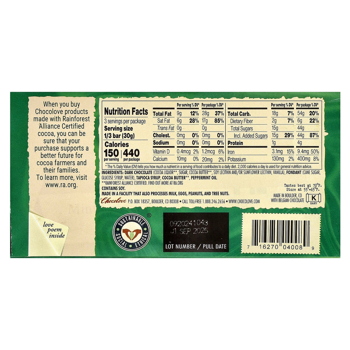 Chocolove, Filled Mint Creme in Dark Chocolate, 55% Cocoa, 3.2 oz (90 g)