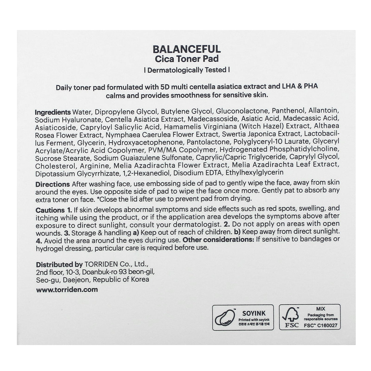 Torriden, Balanceful Cica Toner Pad, 60 Sheets, 6.08 fl oz (180 ml)