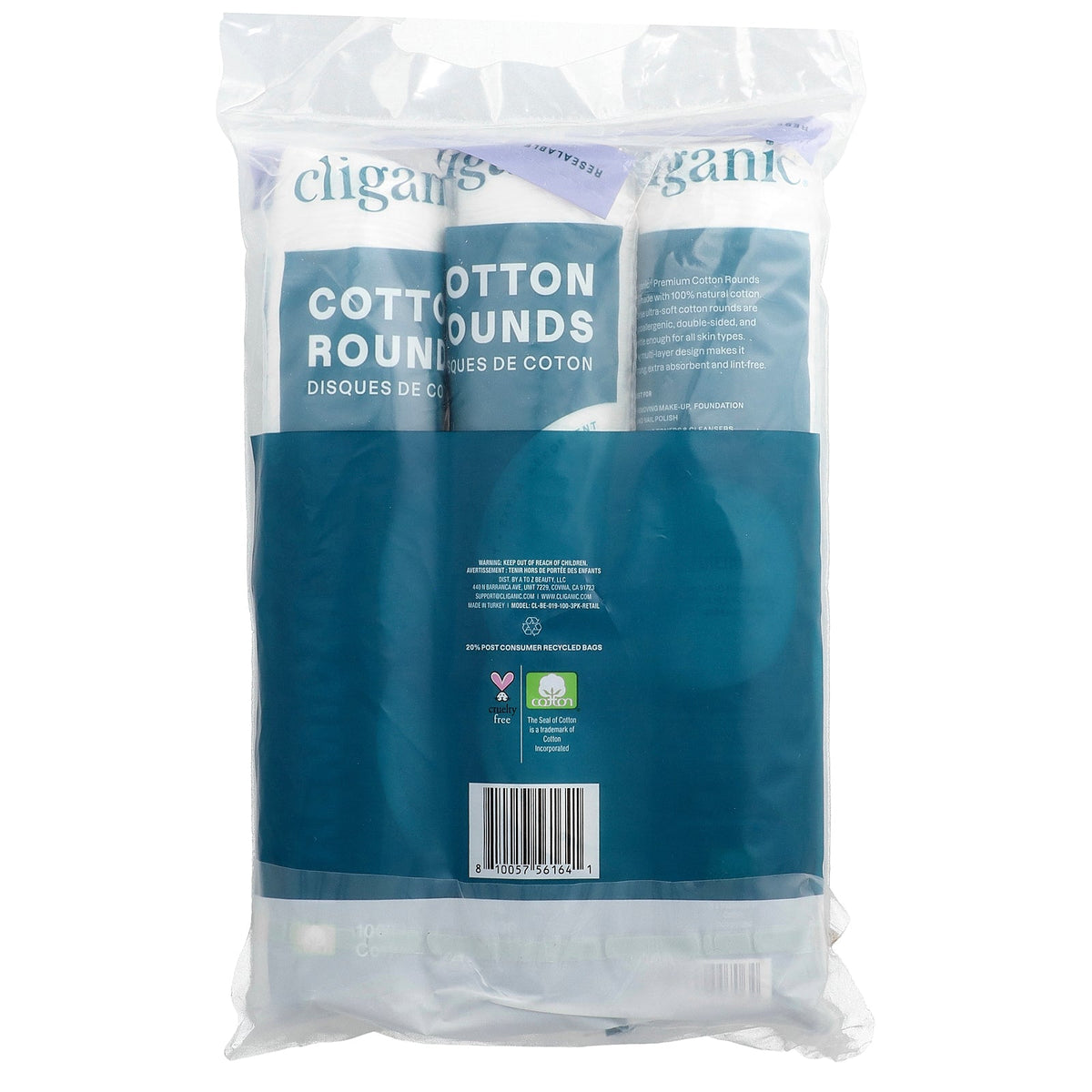 Cliganic, Premium Cotton Rounds, 3 Packs, 100 Count Each