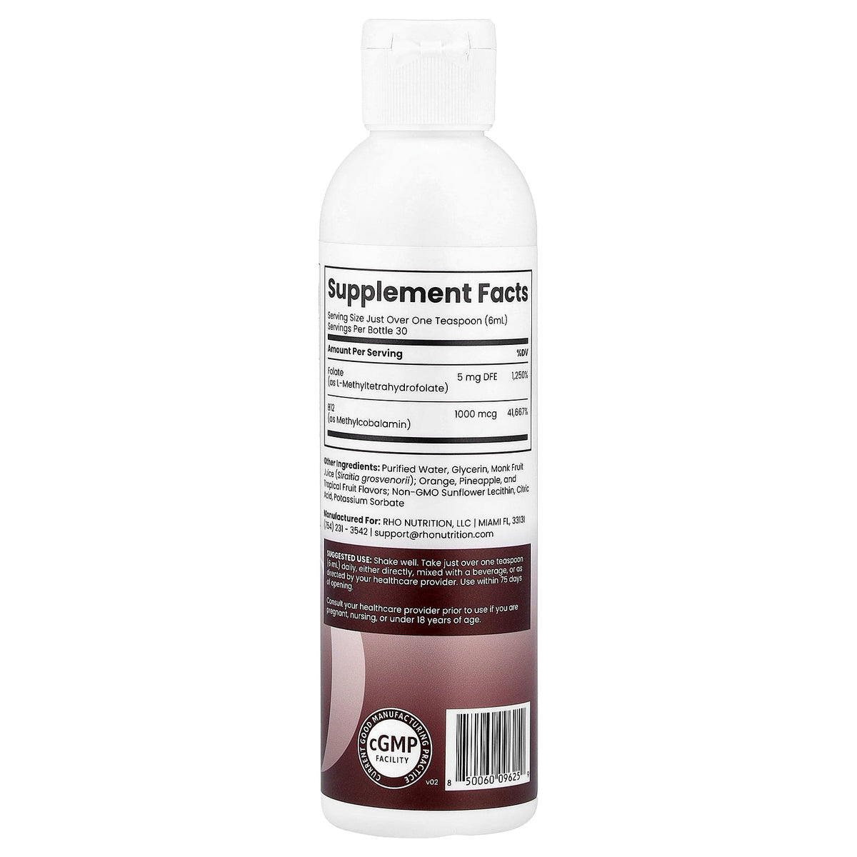 Rho Nutrition, Liposomal Methylfolate 5-MTHF + B12 Complex, 6 fl oz (180 ml)