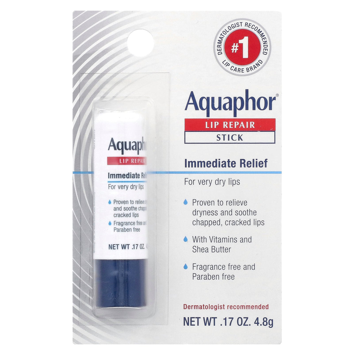 Aquaphor, Lip Repair Stick, Immediate Relief, Fragrance Free, 0.17 oz (4.8 g)