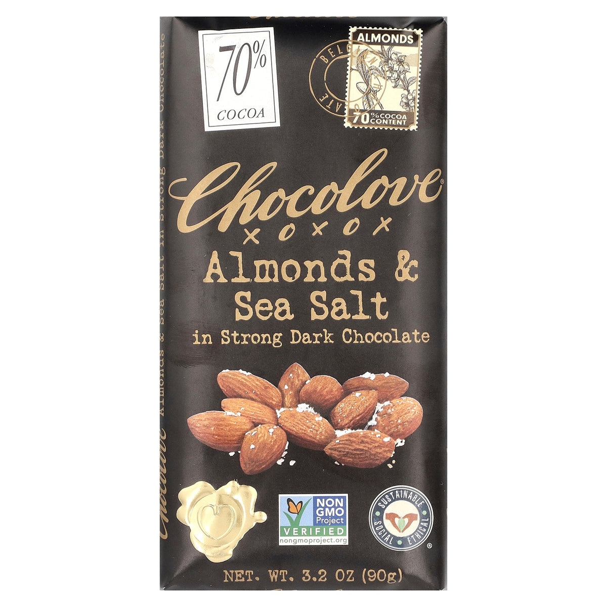 Chocolove, Almonds & Sea Salt in Strong Dark Chocolate, 70% Cocoa, 3.2 oz (90 g)