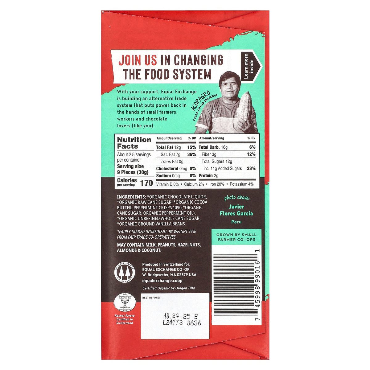 Equal Exchange, Organic Dark Chocolate, Mint Crunch, 67% Cacao, 2.8 oz (80 g)