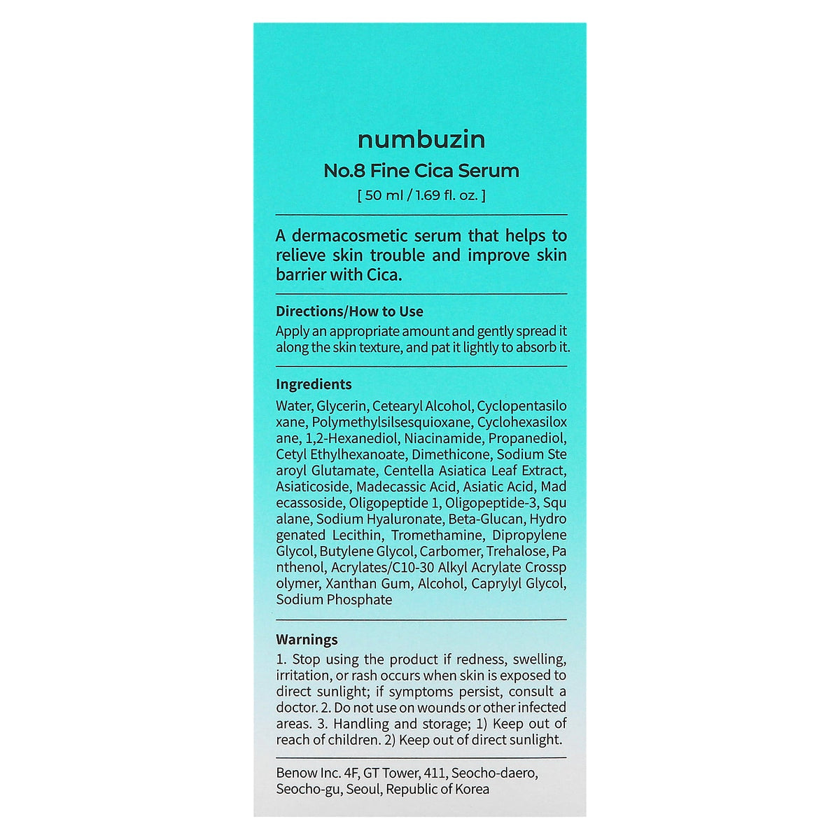 Numbuzin, No.8 Fine Cica Serum, 1.69 fl oz (50 ml)