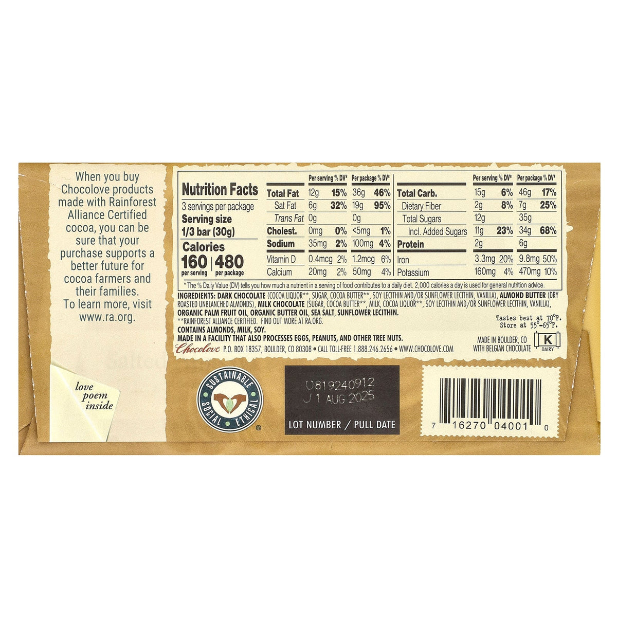 Chocolove, Salted Almond Butter in Dark Chocolate, 55% Cocoa, 3.2 oz (90 g)