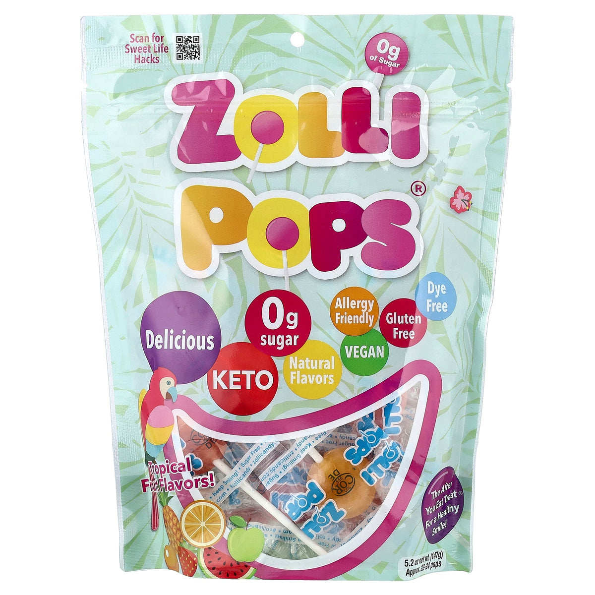 Zollipops, The Clean Teeth Pops, Tropical Fruit, Approx. 22-24 Pops, 5.2 oz (147 g)