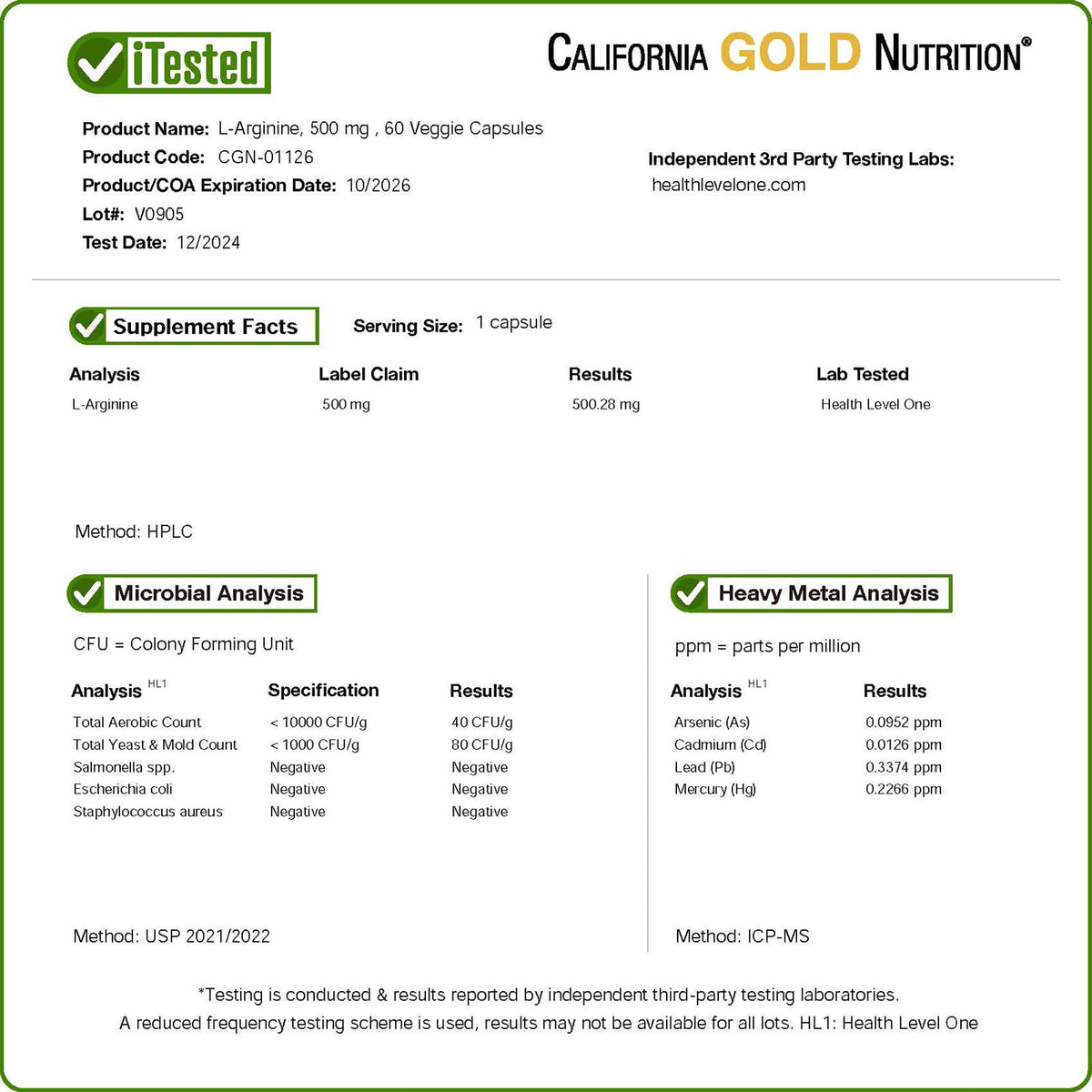 California Gold Nutrition, L-Arginine, 500 mg , 60 Veggie Capsules