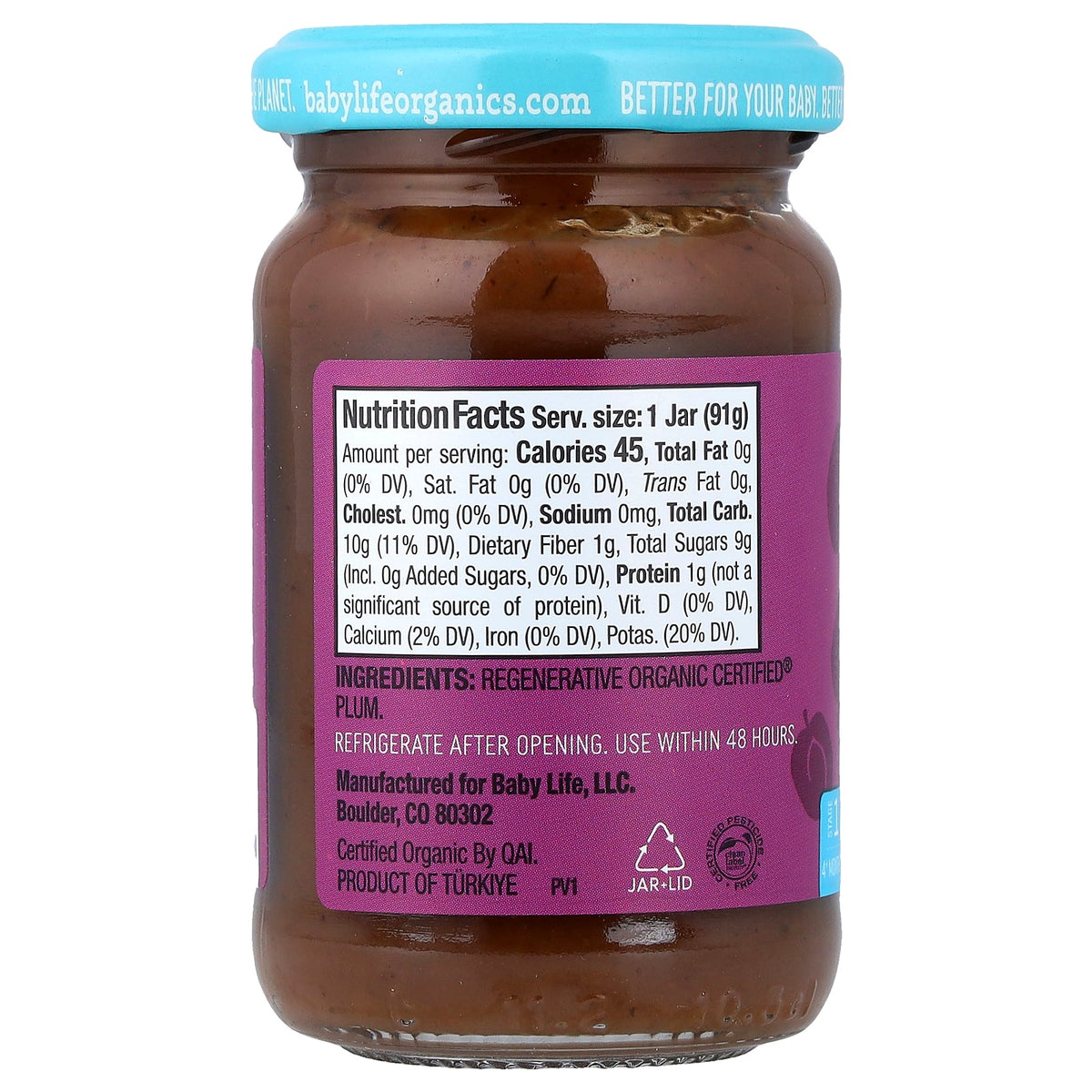 BabyLife Organics, Baby Food, 4+ Months, Plum, 12 Jars, 3.2 oz (91 g) Each