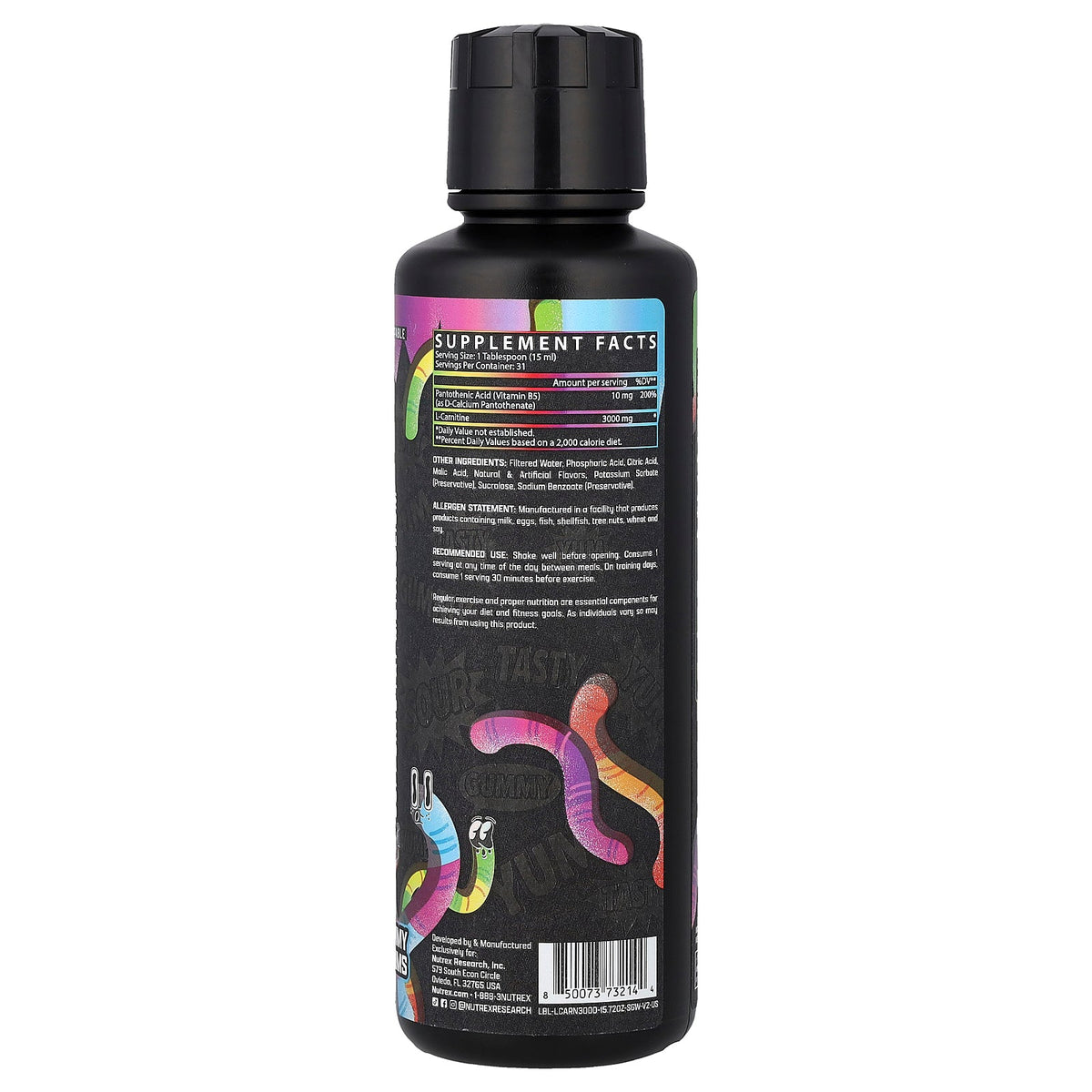 Nutrex Research, L-Carnitine 3000, Sour Gummy Worms, 15.72 fl oz (465 ml)