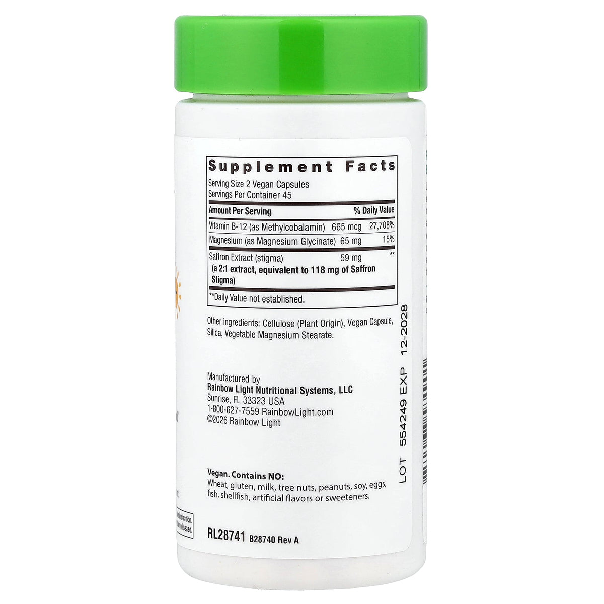 Rainbow Light, Saffron + Magnesium Glycinate With Methyl B12, 90 Vegan Capsules