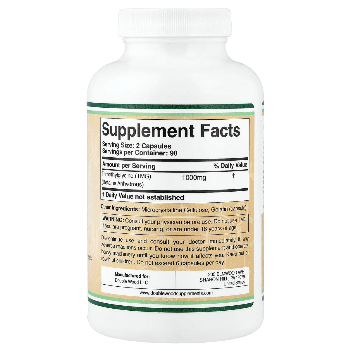 Double Wood Supplements, TMG, 180 Capsules (500 mg per Capsule)