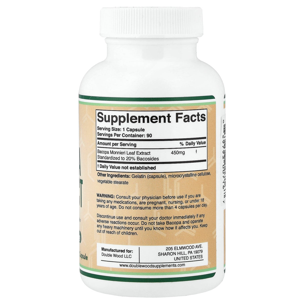 Double Wood Supplements, Bacopa Extract, 450 mg, 90 Capsules