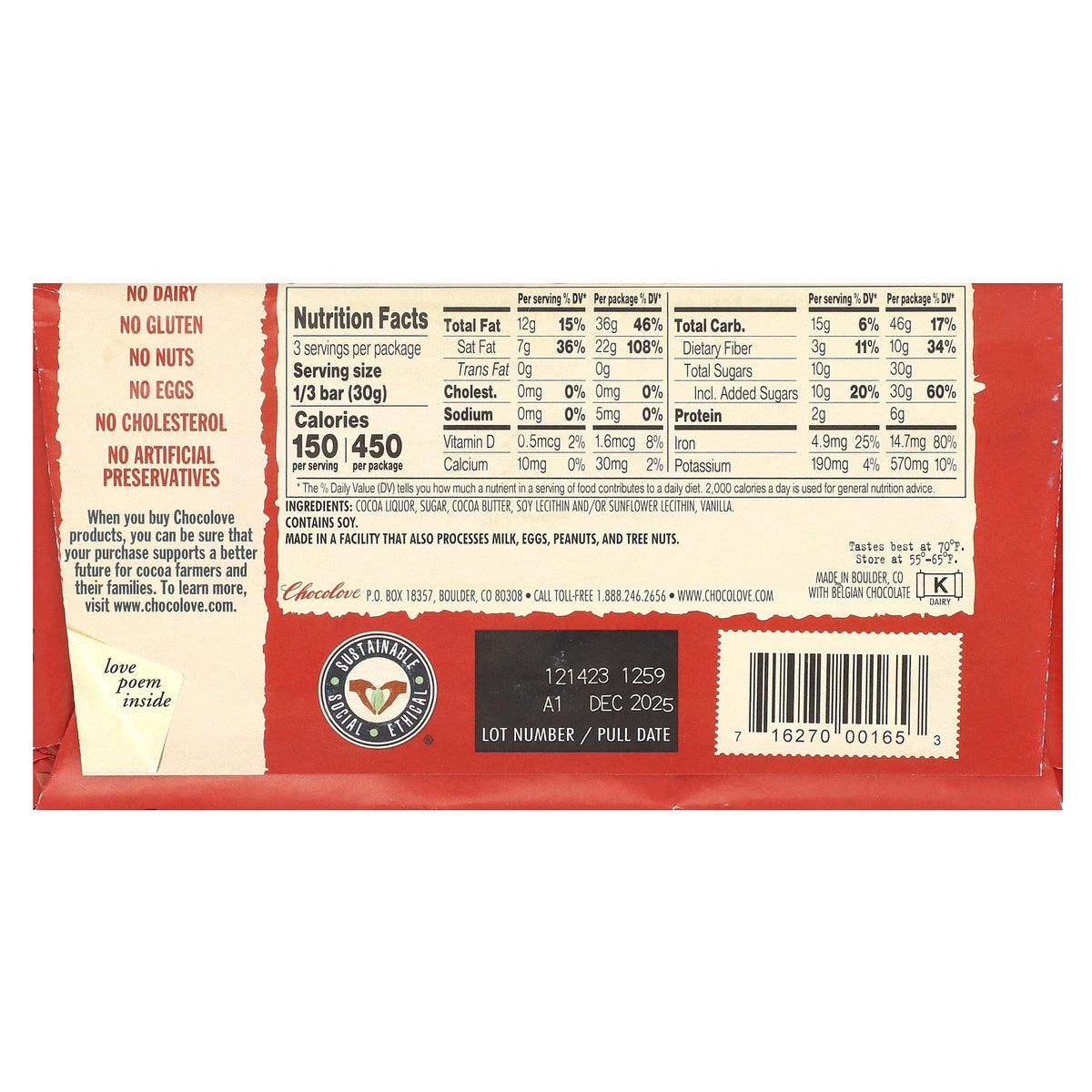 Chocolove, Rich Dark Chocolate, 65% Cocoa, 3.2 oz (90 g)