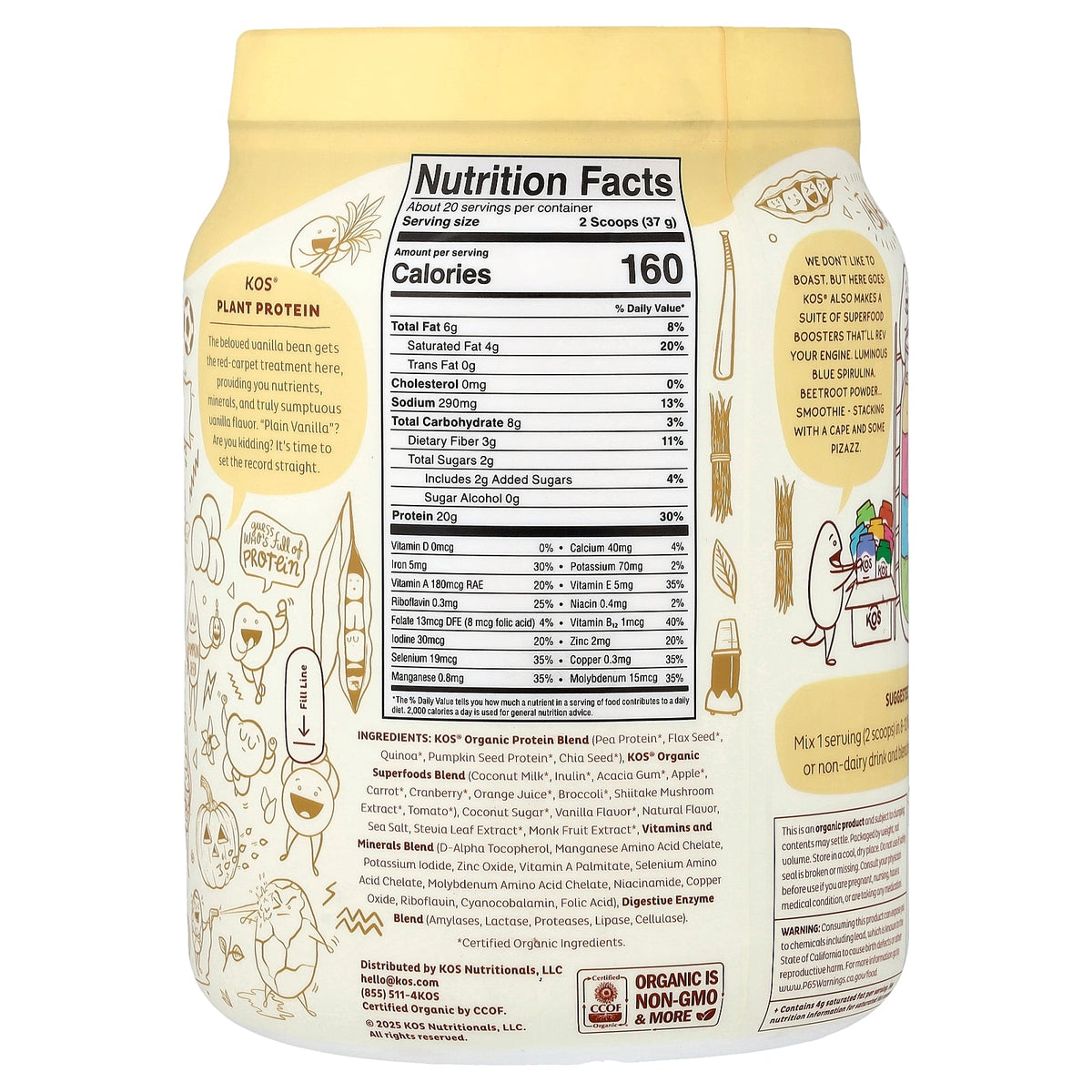 KOS, Organic Superfood Plant Protein Powder, Vanilla, 1.6 lb (741 g)