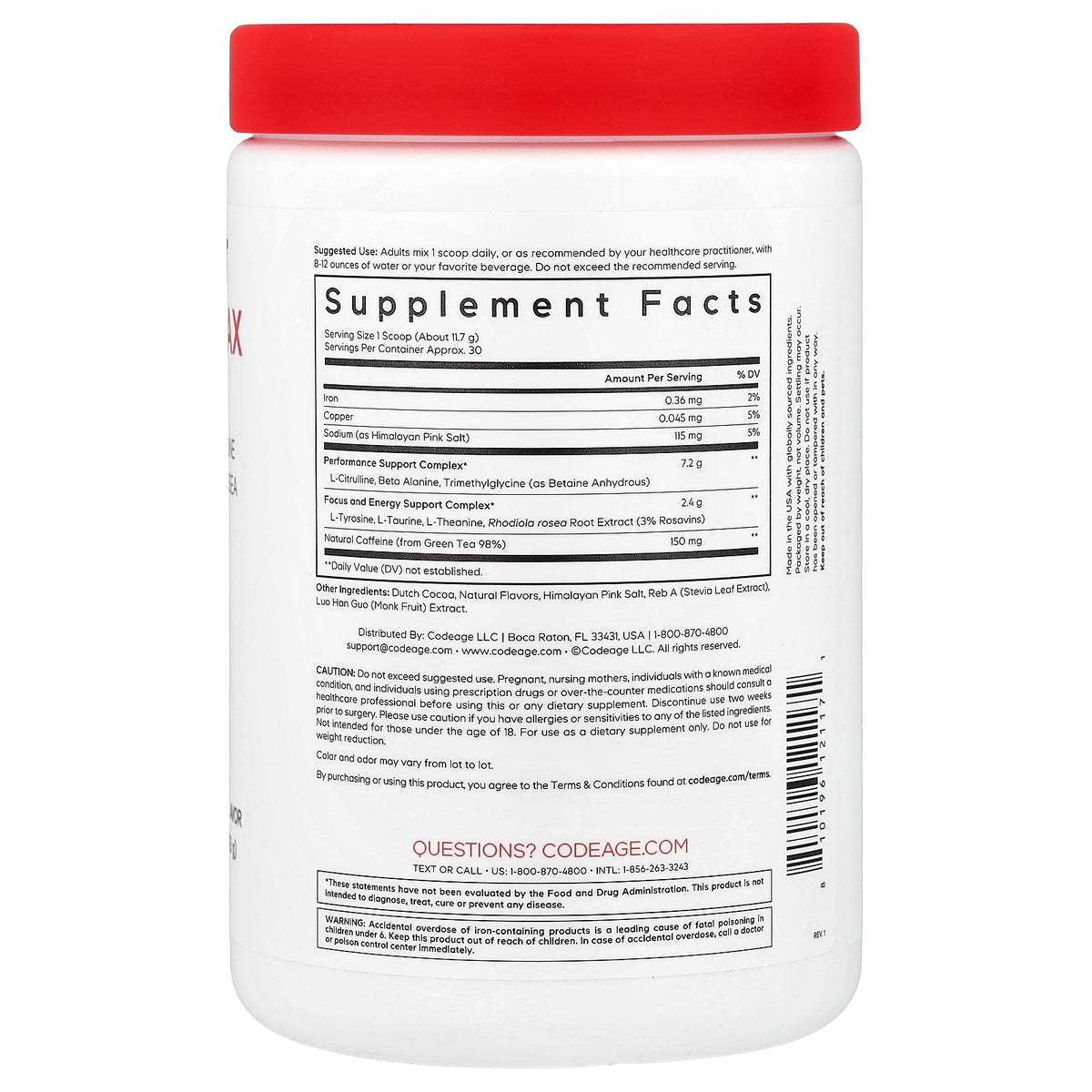 Codeage, Sport, Pre-Workout Energy Elite Max, Chocolate Brownie Batter, 12.45 oz (353 g)