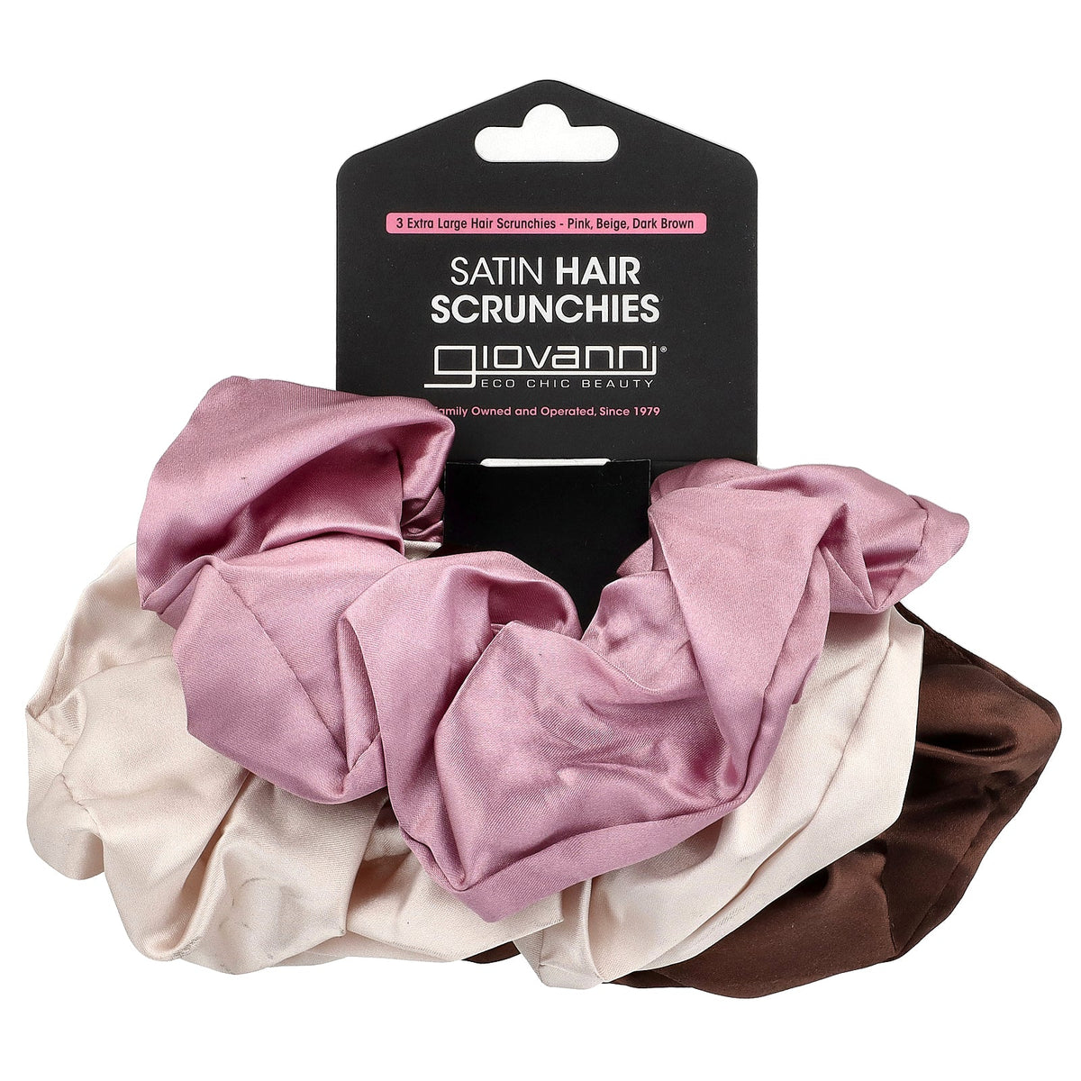 Giovanni, Satin Hair Scrunchies, Extra Large, Pink, Beige, Dark Brown, 3 Scrunchies
