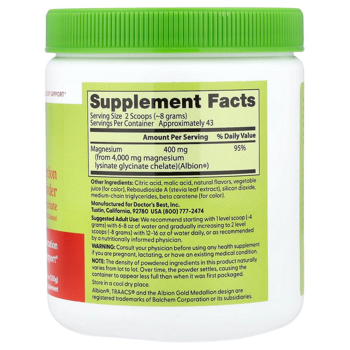 Doctor's Best, High Absorption Magnesium Powder, Strawberry Lime, 12.5 oz (350 g)