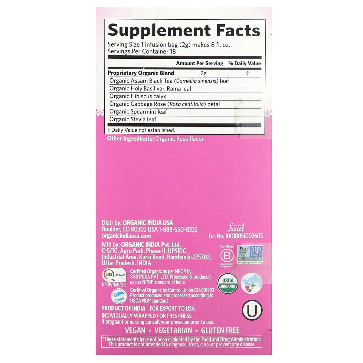 Organic India, Assam Black Tea, Tulsi Sweet Rose, 18 Infusion Bags, 1.27 oz (36 g)