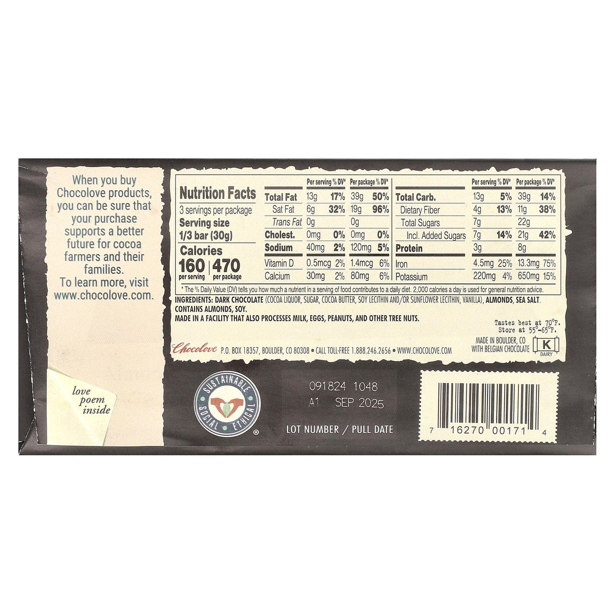 Chocolove, Almonds & Sea Salt in Strong Dark Chocolate, 70% Cocoa, 3.2 oz (90 g)