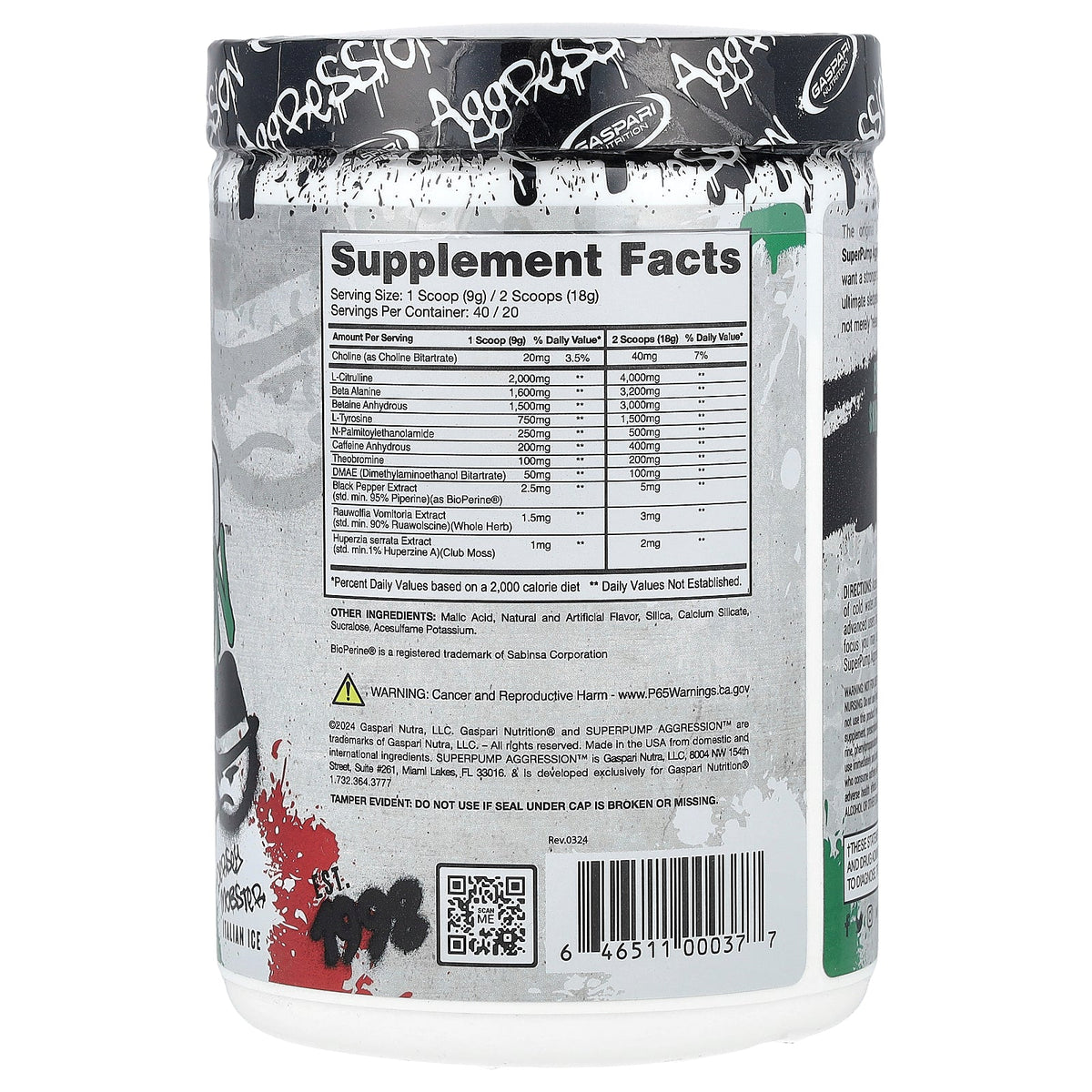 Gaspari Nutrition, SuperPump Aggression™ Pre- Workout, Jersey Mobster Italian Ice, 360 g