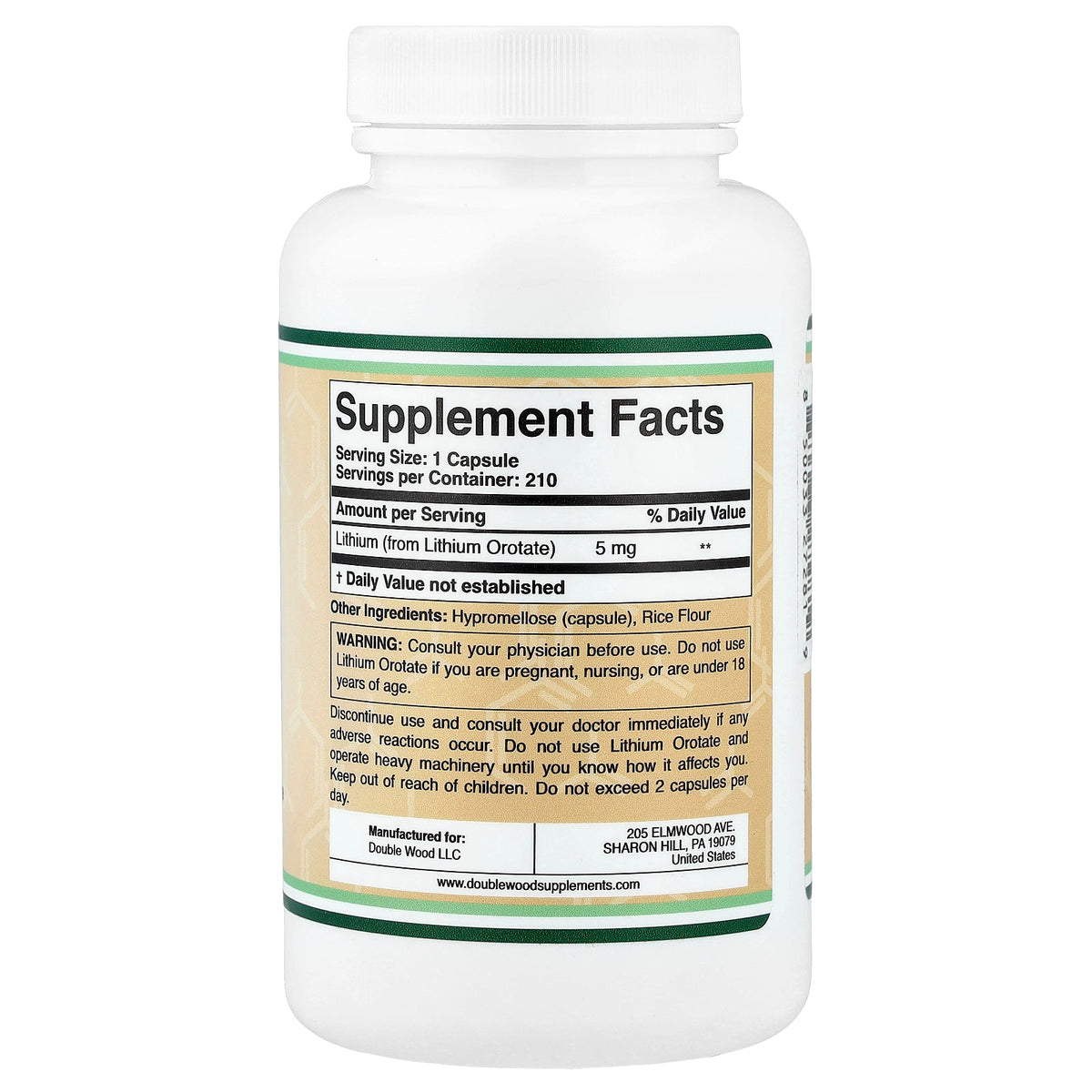 Double Wood Supplements, Lithium Orotate, 5 mg, 210 Capsules