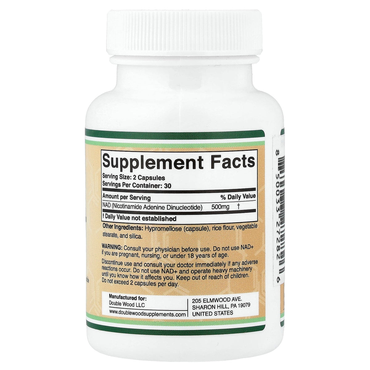 Double Wood Supplements, NAD+, 60 Capsules (250 mg per Capsule)