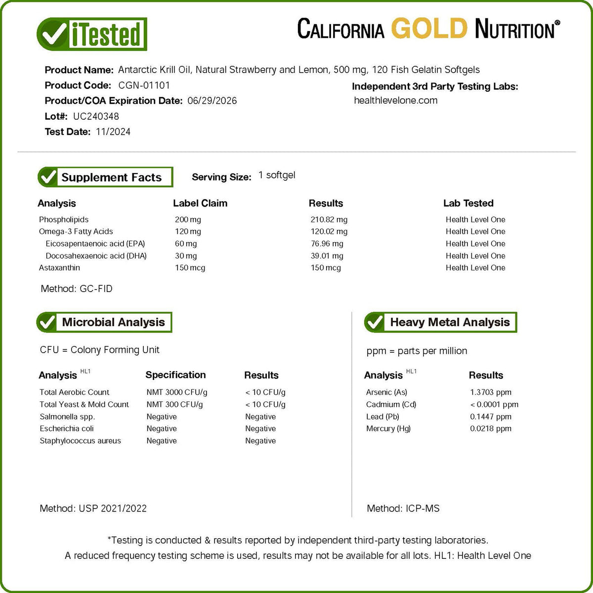 California Gold Nutrition, Antarctic Krill Oil, Omega-3 Phospholipids Complex with Astaxanthin, Natural Strawberry and Lemon, 500 mg, 120 Fish Gelatin Softgels