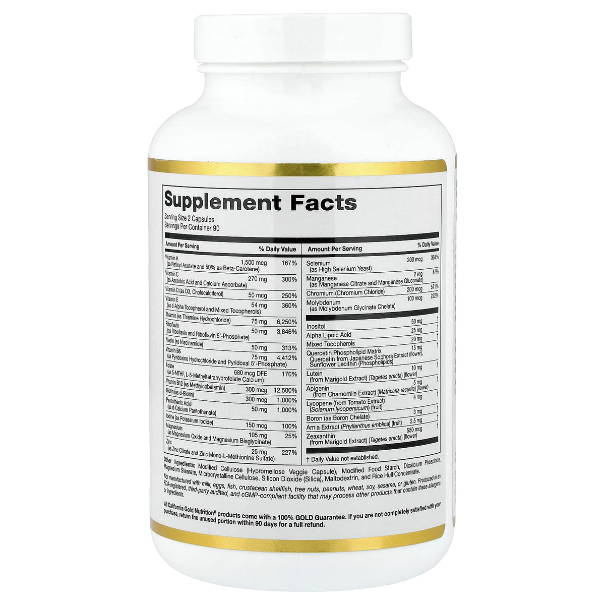 California Gold Nutrition, Multivitamin and Mineral with Methyl B12, Vitamin C, L-MethylFolate and Bio-Quercetin, Two-A-Day, 180 Veggie Capsules