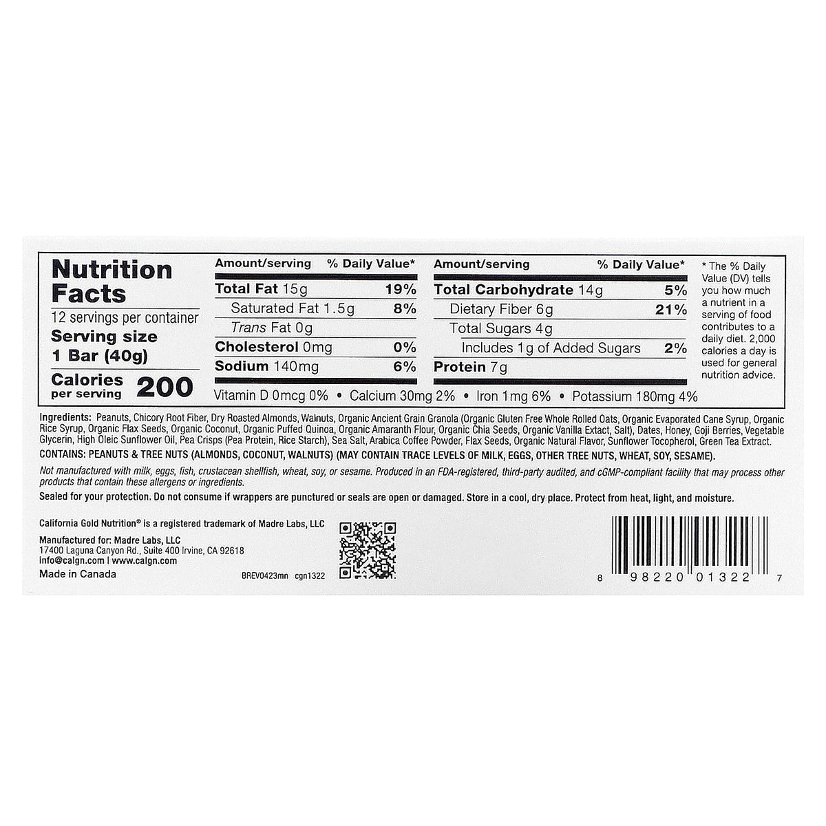 California Gold Nutrition, Foods, Mocha Nut Chewy Granola Bars, 12 Bars, 1.4 oz (40 g) Each