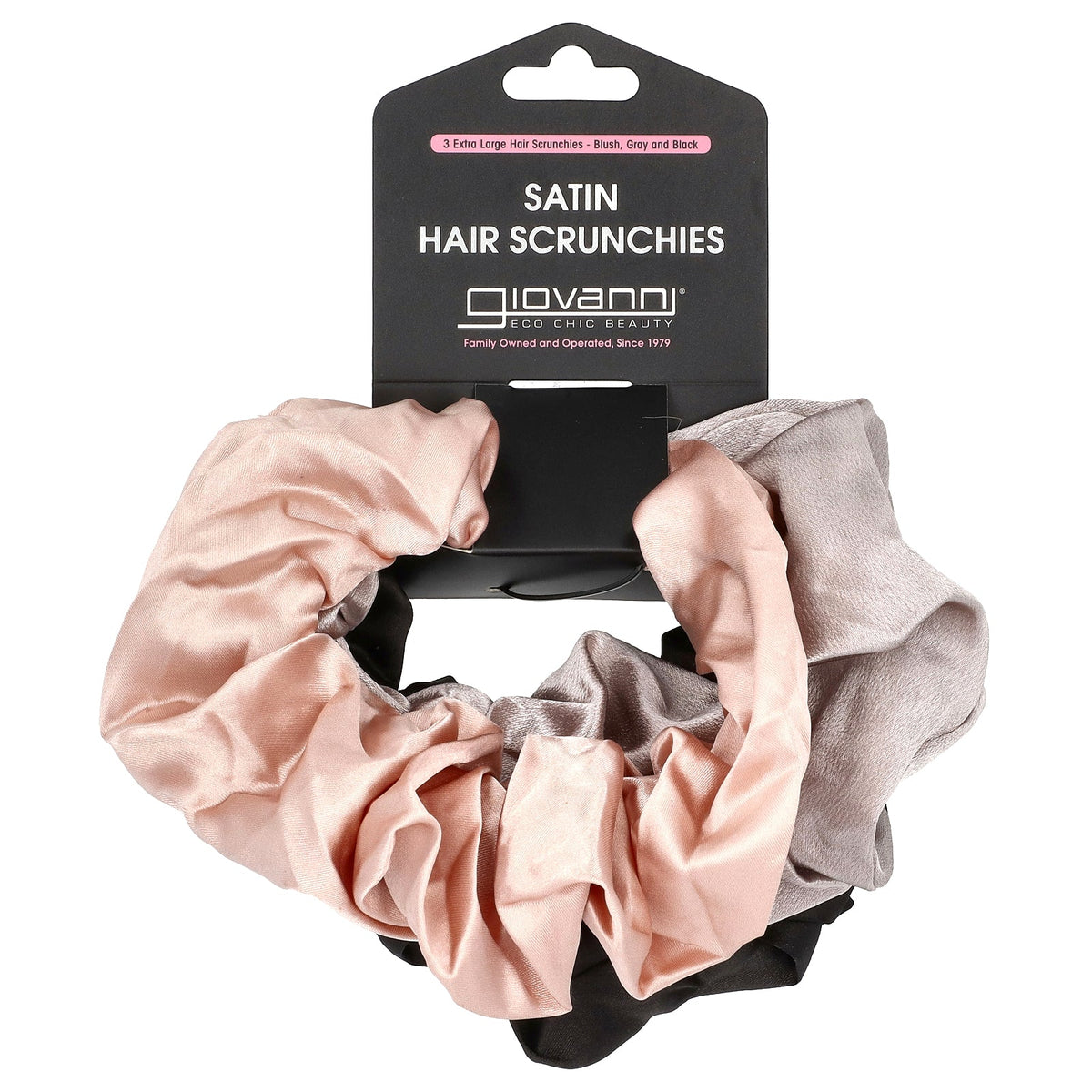 Giovanni, Satin Hair Scrunches, Extra Large, Blush, Gray and Black, 3 Counts