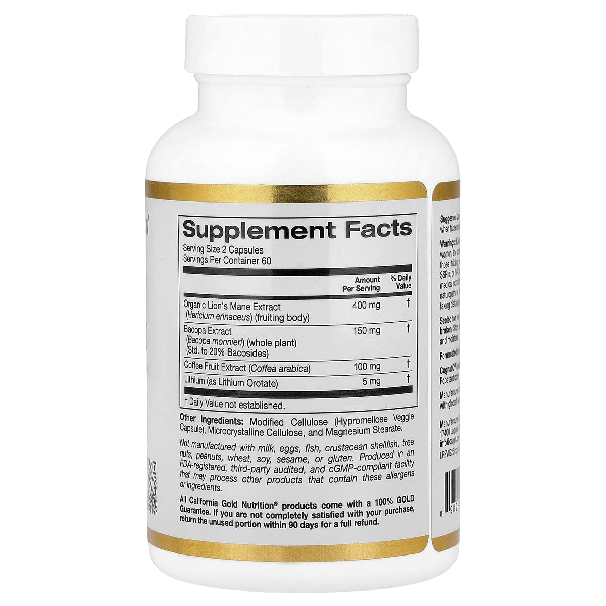 California Gold Nutrition, Lithium Orotate Plus Lion's Mane, Bacopa, and Coffee Fruit Extract, 120 Veggie Capsules