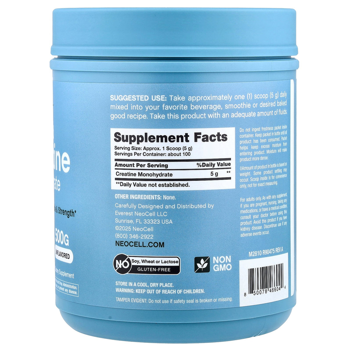 NeoCell, Micronized Creatine Monohydrate, Unflavored, 1.1 lb (500 g)