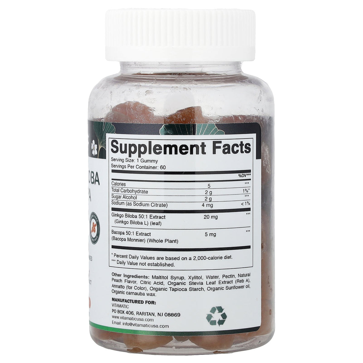 Vitamatic, Ginkgo Biloba + Bacopa Gummies, Natural Peach, 60 Gummies
