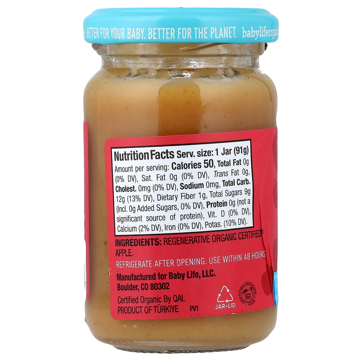 BabyLife Organics, Baby Food, 4+ Months, Apple, 12 Jars, 3.2 oz (91 g) Each