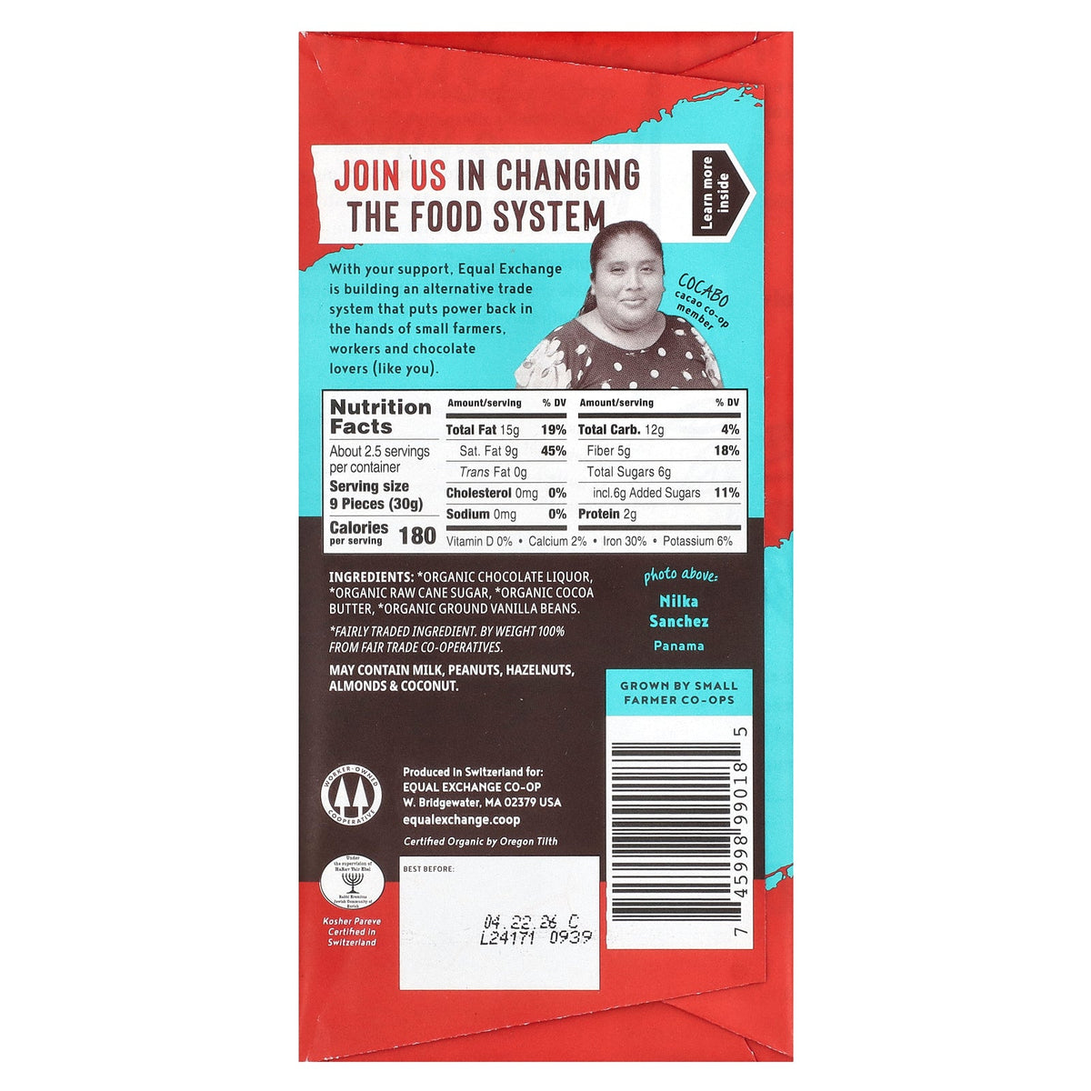 Equal Exchange, Organic Dark Chocolate, Panama Extra Dark, 80% Cacao, 2.8 oz (80 g)