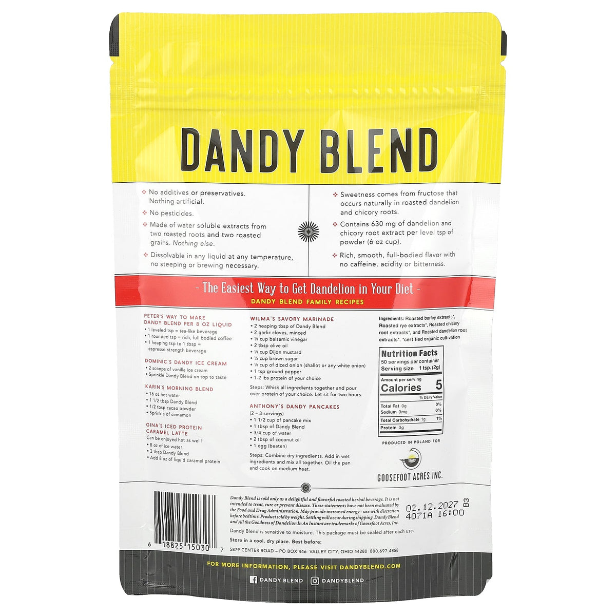 Dandy Blend, Organic Instant Herbal Beverage with Dandelion, Caffeine Free, 3.53 oz (100 g)