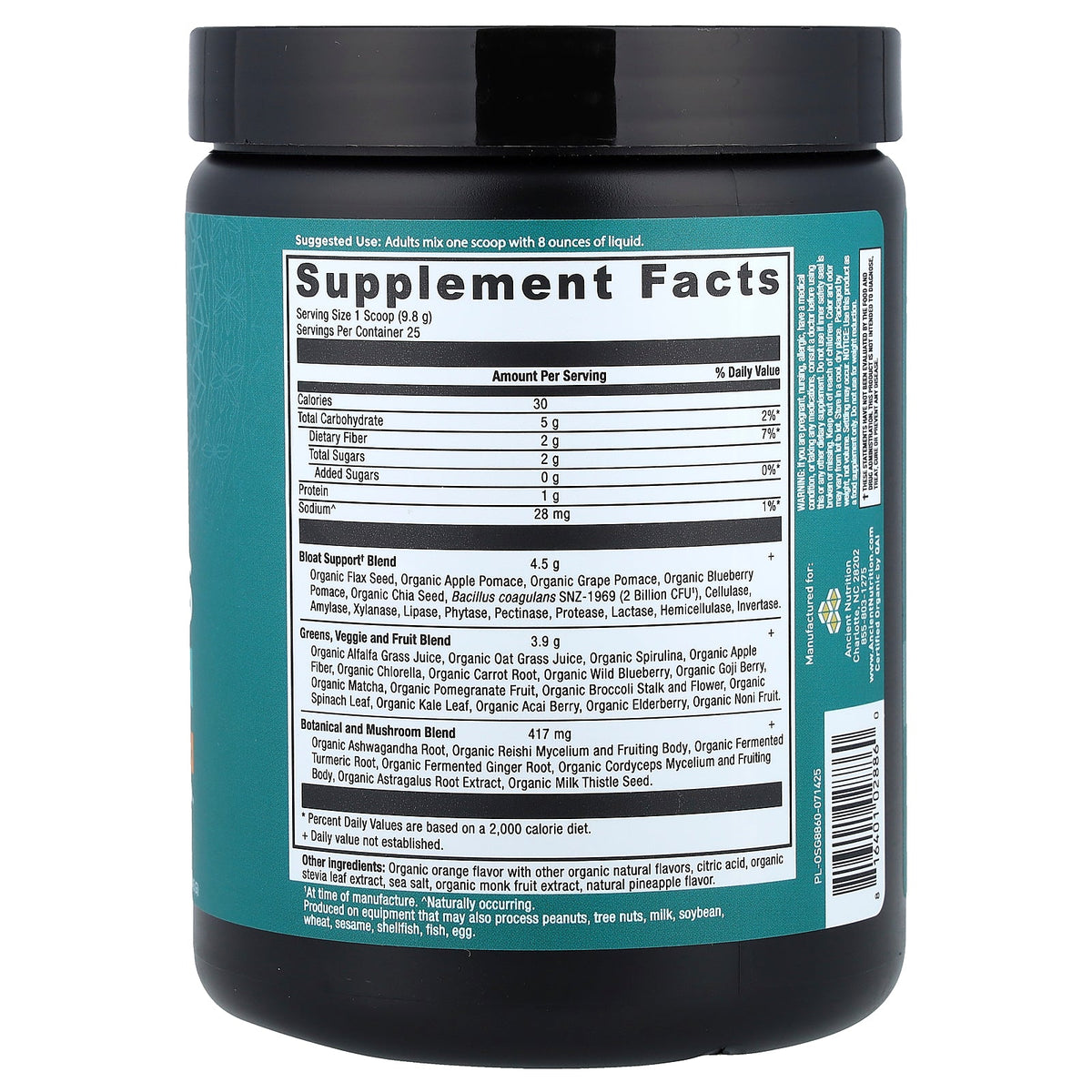 Ancient Nutrition, Organic Super Greens, Bloat Relief, Pineapple Orange, 8.6 oz (245 g)