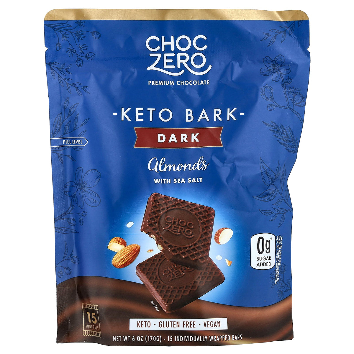 ChocZero, Keto Bark, Dark Chocolate, Almond With Sea Salt, 15 Mini Bars, 6 oz (170 g)