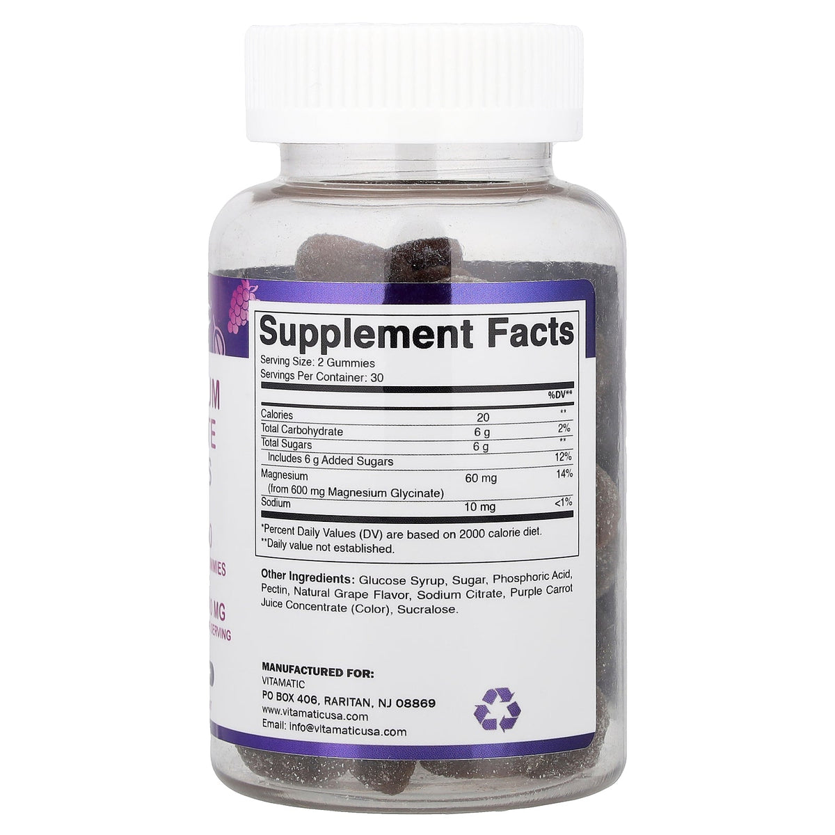 Vitamatic, Magnesium Glycinate Gummies, Natural Grape, 60 Gummies (300 mg per Gummy)