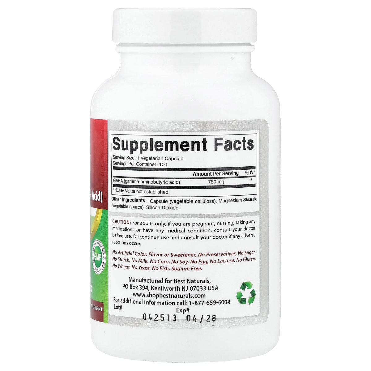 Best Naturals, GABA, 750 mg, 100 Vegetarian Capsules