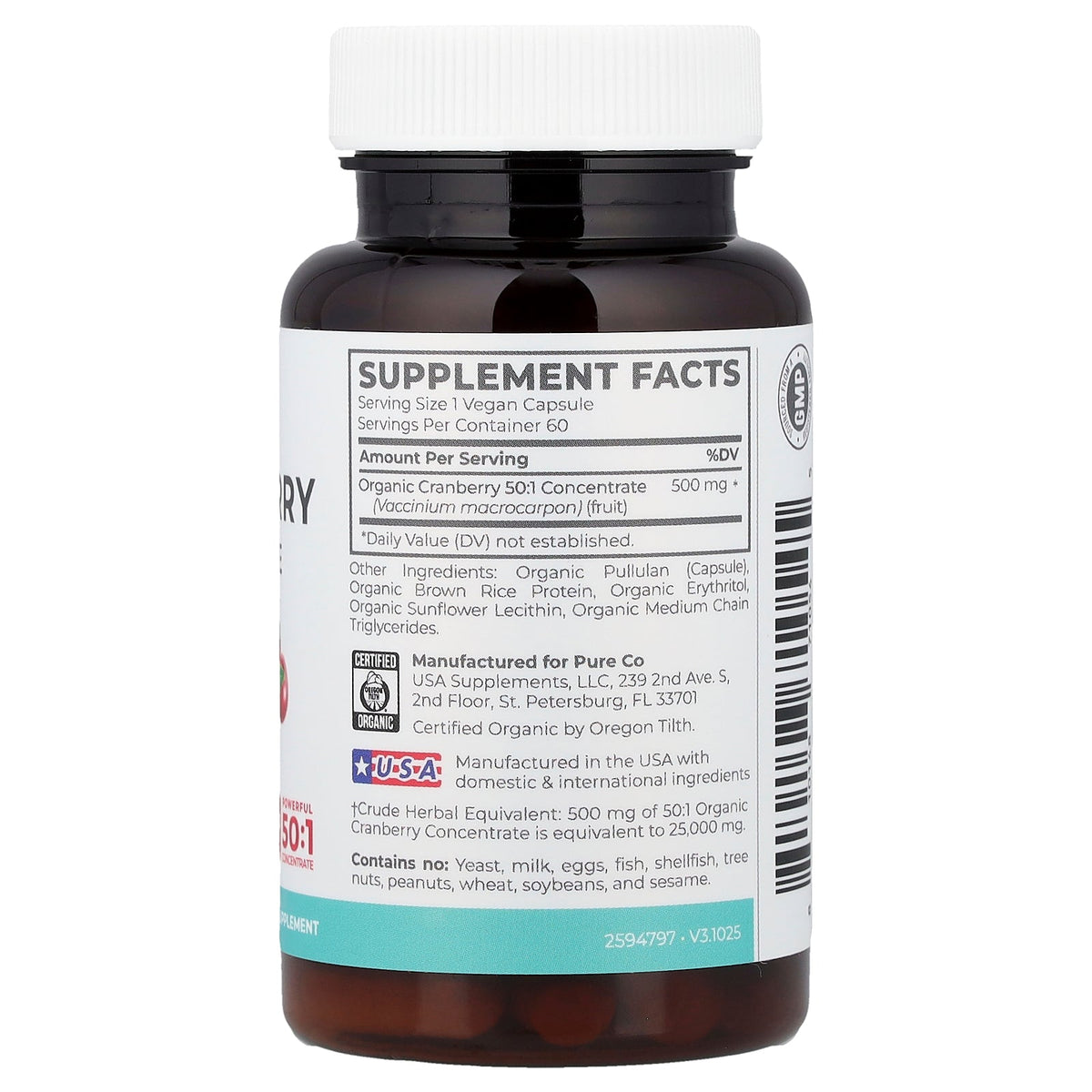 Pure Co., Organic Cranberry Concentrate, 60 Vegan Capsules (500 mg per Capsule)