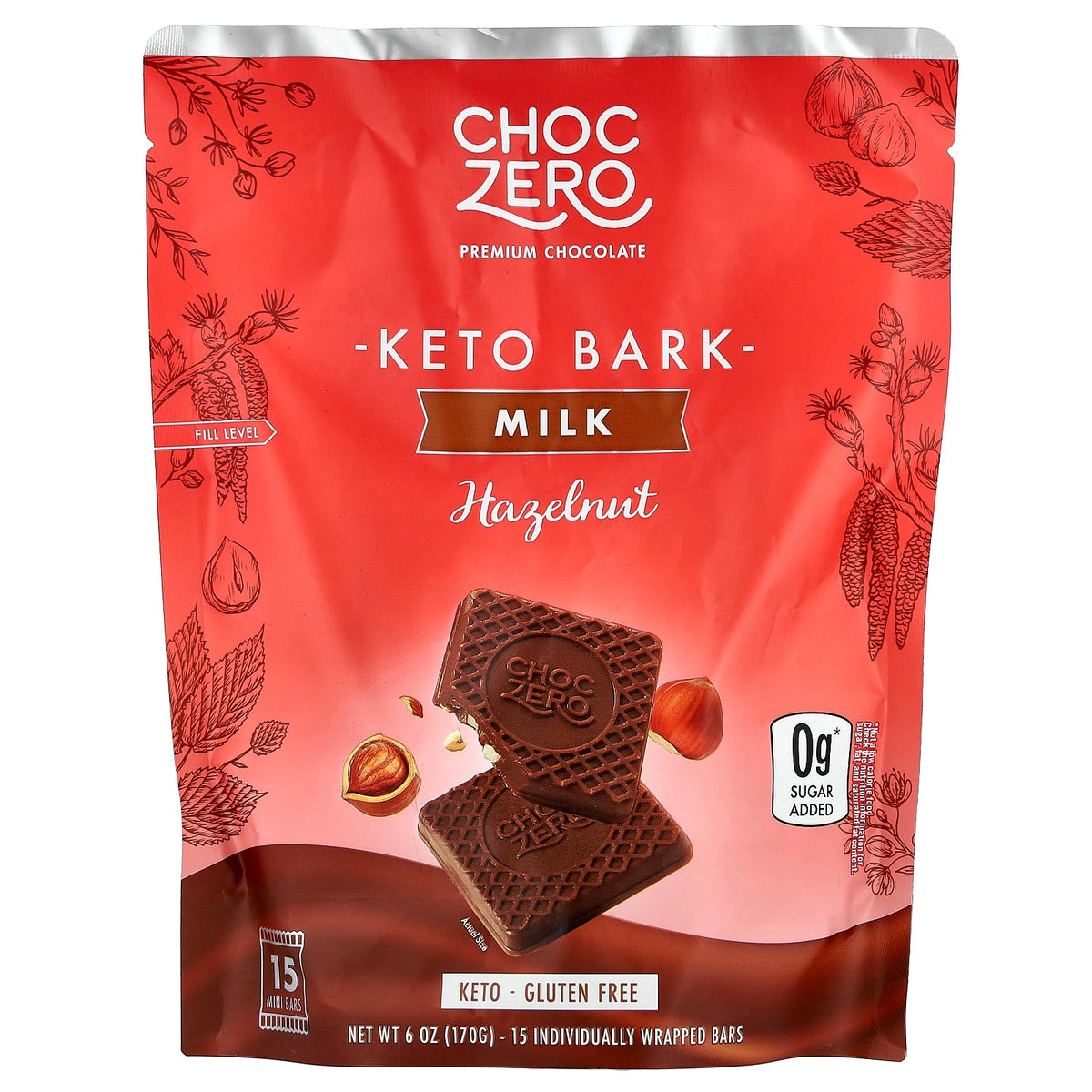 ChocZero, Keto Bark, Milk Chocolate, Hazelnut, 15 Mini Bars, 6 oz (170 g)